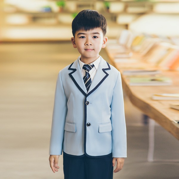 小学生淡蓝色镶边西服正装校服 男款